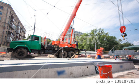 Road construction site with tram tracks repair and maintenance timelapse hyperlapse. 139187203