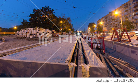 Road construction site with tram tracks repair and maintenance timelapse hyperlapse. 139187206