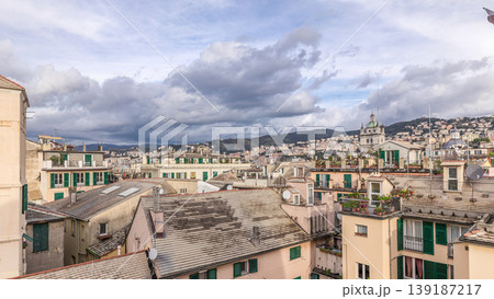 Aerial panoramic view of European city Genoa timelapse from above of old historical centre quarter districts, Liguria, Italy Aerial panoramic view of European city Genoa timelapse from above of old historical centre quarter districts, Liguria, Italy 139187217