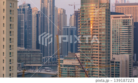 Aerial view of Dubai Marina from a vantage point at sunset timelapse. Aerial view of Dubai Marina from a vantage point at sunset timelapse. 139187225