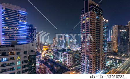 Aerial view of Dubai Marina from a vantage point night timelapse. 139187234