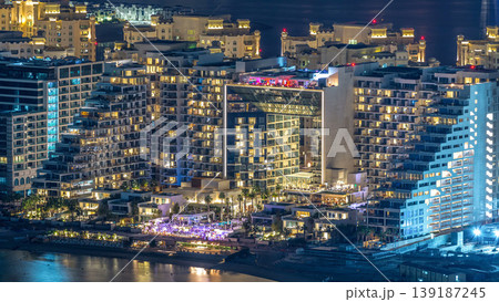 Aerial view of Palm Jumeirah Island night timelapse. Aerial view of Palm Jumeirah Island night timelapse. 139187245