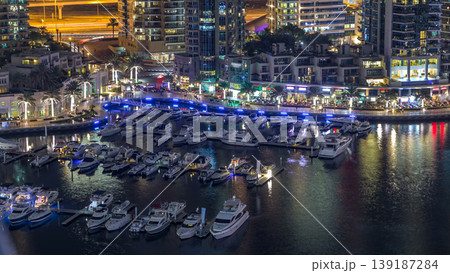 Luxury Dubai Marina canal with passing boats and promenade night timelapse, Dubai, United Arab Emirates Luxury Dubai Marina canal with passing boats and promenade night timelapse, Dubai, United Arab Emirates 139187284