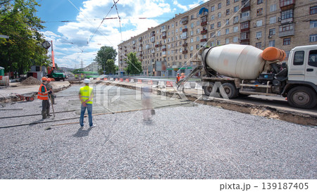 Road construction site with tram tracks repair and maintenance timelapse. 139187405