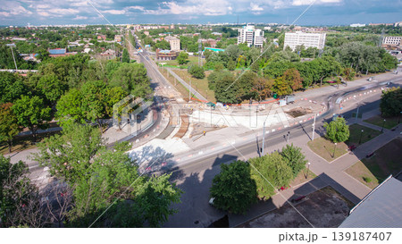Road construction site with tram tracks repair and maintenance aerial timelapse. 139187407