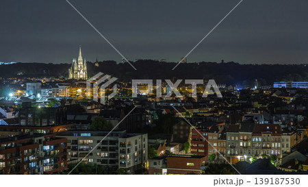 Aerial panorama of Laeken night timelapse, Brussels Capital Region, Belgium, showcasing cityscape 139187530