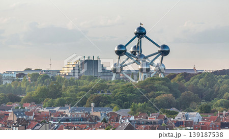 Aerial view of city skyline timelapse with the Atomium in Brussels, Belgium. Aerial view of city skyline timelapse with the Atomium in Brussels, Belgium. 139187538