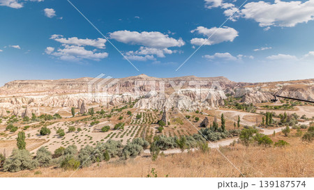 Red Valley and Rose Valley of Goreme of Nevsehir in Cappadocia aerial timelapse, Turkey. 139187574