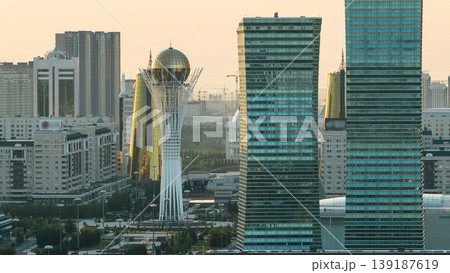 Elevated morning view over the city center and central business district with bayterek Timelapse, Kazakhstan, Astana Elevated morning view over the city center and central business district with bayterek Timelapse, Kazakhstan, Astana 139187619