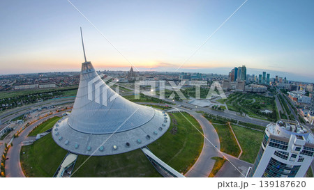 Elevated view over the city center with Khan Shatyr and central business district night to day timelapse, Kazakhstan, Astana Elevated view over the city center with Khan Shatyr and central business district night to day timelapse, Kazakhstan, Astana 139187620