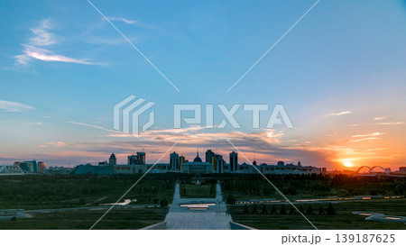 Panorama with sunset of the Astana city timelapse and the president's residence Akorda with park Panorama with sunset of the Astana city timelapse and the president's residence Akorda with park 139187625