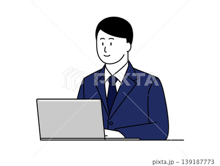 笑顔でパソコンを使うスーツ姿の若い男性のイラスト 笑顔でパソコンを使うスーツ姿の若い男性のイラスト 139187773