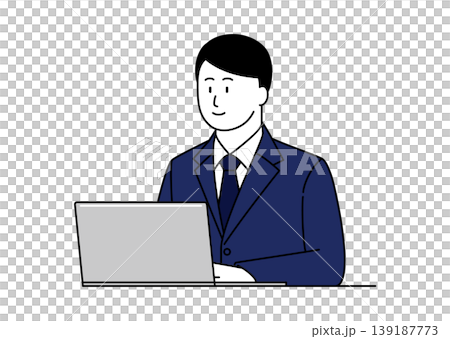 An illustration of a young man in a suit smiling while using a computer. An illustration of a young man in a suit smiling while using a computer. 139187773