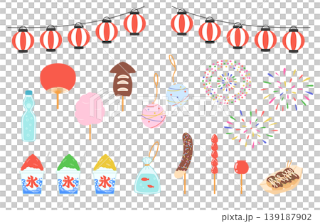 お祭りの屋台グルメと縁日の遊びベクターイラストセット 139187902