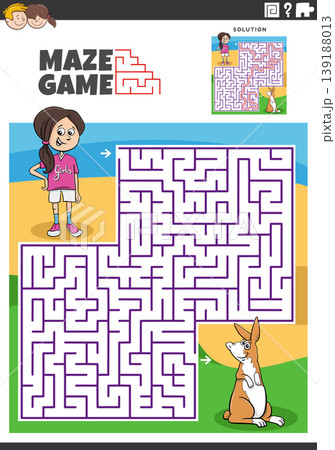 maze puzzle game with cartoon girl and miniature rabbit maze puzzle game with cartoon girl and miniature rabbit 139188013