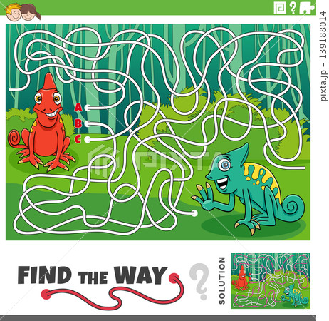 maze activity game with two cartoon chameleons animal characters 139188014