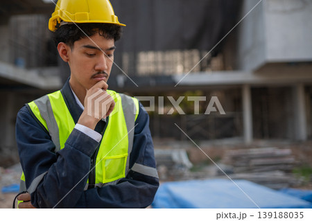 Construction site worker deep in thought urban environment professional portrait reflective mood industrial setting 139188035