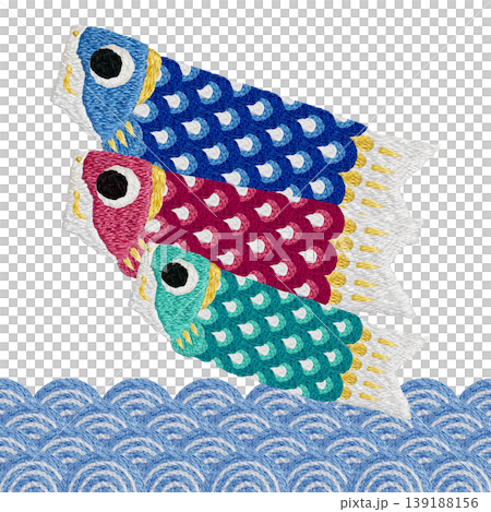 [Japanese-style waves and carp streamers] Hand-embroidered illustration material 139188156