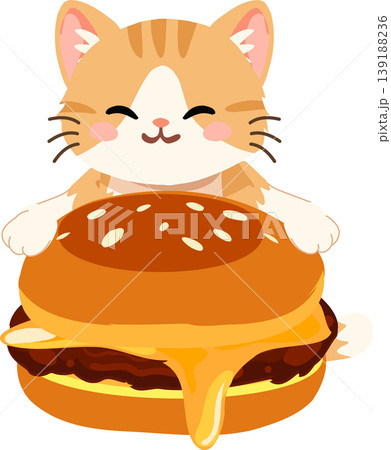 cartoon orange cat eating burger adorable pet character with fast food. cute cartoon cat holding cheeseburger kawaii animal cartoon orange cat eating burger adorable pet character with fast food. cute cartoon cat holding cheeseburger kawaii animal 139188236