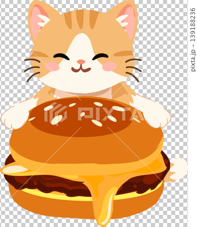 cartoon orange cat eating burger adorable pet character with fast food. cute cartoon cat holding cheeseburger kawaii animal cartoon orange cat eating burger adorable pet character with fast food. cute cartoon cat holding cheeseburger kawaii animal 139188236