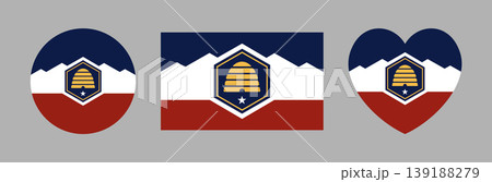 Flag of the state of Utah. Heart, circle, rectangle badge, sticker State Utah flag. Set of Utah flag roundel, rectangular, heart shaped banner, button. New Utah state flag icon, background. Flag of the state of Utah. Heart, circle, rectangle badge, sticker State Utah flag. Set of Utah flag roundel, rectangular, heart shaped banner, button. New Utah state flag icon, background. 139188279