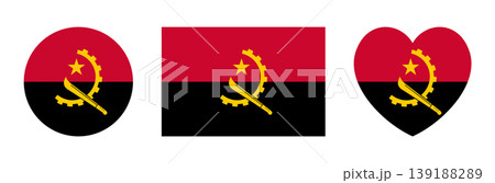 Angola flag rectangular, round, heart badge, sticker. Flag of Angola rectangle, circle, heart shaped symbol, background. Flag button, banner, icon set. National flag sign of Angola. 139188289