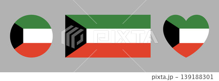 Kuwait flag icon, sticker. Kuwait circle, rectangle, heart flag button, badge. Set of heart shaped, round, rectangular flag of Kuwait banner, background. 139188301