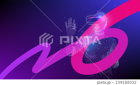 Concept of virtual reality technology. Woman wearing virtual reality headset connected to the virtual space. Vector illustration. 139188332