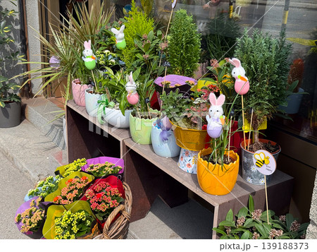 Flower shop display with potted plants and decorative easter bunnies in colorful containers. Seasonal retail, gardening, gift selection and festive spring decoration concept. 139188373