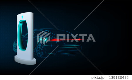 Electric car at charging station. Abstract Electric Power Charger EV Clean Energy Alternative Energy electric charger concept. Electronic vehicle power dock. Vector illustration. 139188453