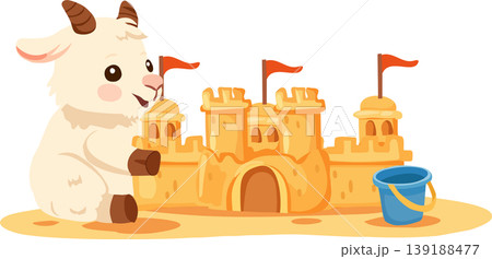 sandcastle cute goat cartoon beach illustration kids summer seaside play with bucket and sand 139188477
