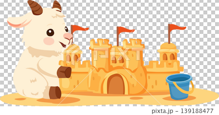 sandcastle cute goat cartoon beach illustration kids summer seaside play with bucket and sand 139188477