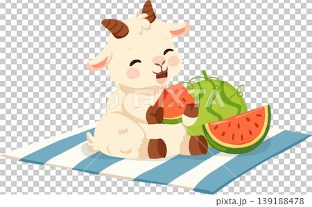 goat cartoon eating watermelon on picnic blanket cute summer animal illustration for kids friendly design goat cartoon eating watermelon on picnic blanket cute summer animal illustration for kids friendly design 139188478