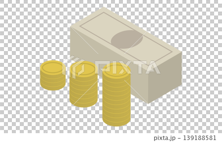 An isometric illustration of stacks of cash and coins for saving, investing, and building wealth. 139188581
