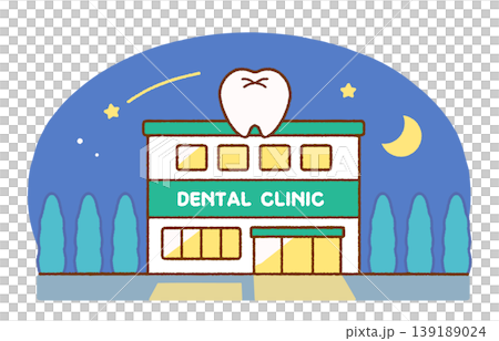 Illustration of the exterior of a dental clinic at night | Clinic, building, nighttime 139189024