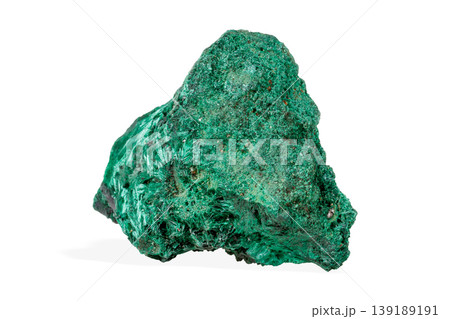 Vibrant green malachite crystal specimen with rich banding patterns isolated on white background 139189191