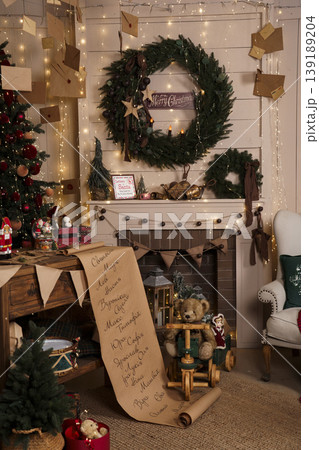 Rustic Christmas Room with Fireplace and Flying Envelopes Decor 139189204