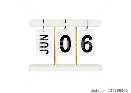 Modern flip calendar with June 06 date isolated on white. Office time management tool icon. 139189209