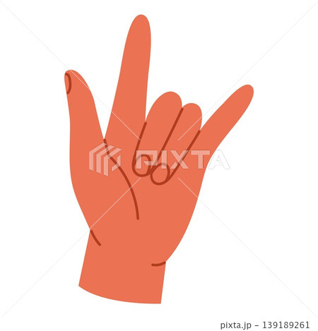 Hand showing horns gesture symbolizing rock music, energy, rebellion and excitement. Expressive communication sign. Body language. Isolated vector illustration in cartoon style Hand showing horns gesture symbolizing rock music, energy, rebellion and excitement. Expressive communication sign. Body language. Isolated vector illustration in cartoon style 139189261