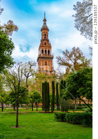 Seville Plaza De Espana Tower Surrounded By Green Park Seville Plaza De Espana Tower Surrounded By Green Park 139189337