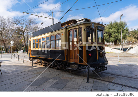 Vintage tram on street in Porto Portugal Vintage tram on street in Porto Portugal 139189390