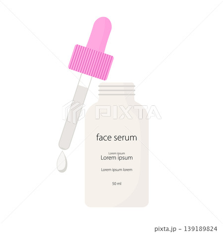 Minimalist face serum bottle with pink dropper releasing drop 139189824