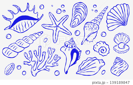 Blue line art collection of sea creatures and shells 139189847