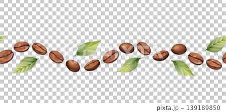 Coffee beans seamless border with roasted arabica beans and green leaves. Horizontal repeating pattern. Hand drawn aesthetic. Coffee beans seamless border with roasted arabica beans and green leaves. Horizontal repeating pattern. Hand drawn aesthetic. 139189850