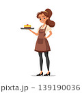 Smiling Waitress Holding Dessert Cake on Tray 139190036