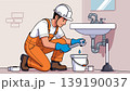Plumber Fixing Leaky Sink Pipe with Wrench Indoors 139190037