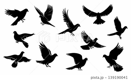 Flying Bird Silhouettes in Various Wing Positions 139190041