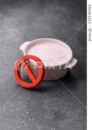Liquid drinking yogurt with a lactose free sign, a useful food. Lactose free yogurt 139190464