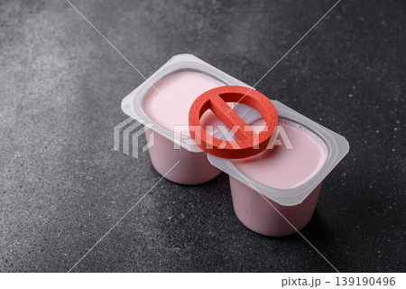 Liquid drinking yogurt with a lactose free sign, a useful food. Lactose free yogurt Liquid drinking yogurt with a lactose free sign, a useful food. Lactose free yogurt 139190496