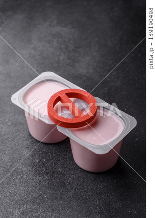 Liquid drinking yogurt with a lactose free sign, a useful food. Lactose free yogurt Liquid drinking yogurt with a lactose free sign, a useful food. Lactose free yogurt 139190498